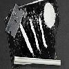 Black and white pixelated icon featuring a stylized abstract shape with curved lines, sharp angles, and a circular element on the right side against a dark background.
