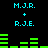 Pixelated cyan text and green bar graphs on black background, with two identical static frames showing M.J.R. + R.J.E. labels above and below the bars.