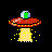 Pixelated UFO with red saucer, yellow base, and green alien head inside a transparent dome on black background.