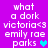 A purple background displays repeated text 'what a dork victoria<3 emily rae parks' with a heart symbol, alternating between cyan and blue heart colors.