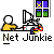 A 4x3 contact sheet of a pixel art animation showing a stick figure at a computer with changing window lights and text "Net Junkie" below each frame.