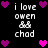 Pixelated icon with black background, white text reading "i love owen && chad", and purple/pink heart symbols in corners.