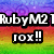 Pixelated text on a rainbow gradient background with green grass at the bottom, displaying multiple phrases including 'RubyM21 Rubiiii!!' and 'roxx!! xx<3<3' in white with black outlines.