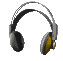 Six views of a gray and yellow over-ear headphone with black ear cushions displayed on a light gray background.