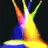 Two identical colorful pixelated figures with yellow bodies, blue bases, and multicolored arms against a black background; pink text 'EMILY' appears on the right figure.