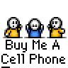 Pixel art contact sheet showing 5 animated frames of a stick figure character in alternating yellow and blue shirts with text "Buy Me A Cell Phone" below each frame.
