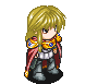 Pixel art character with blonde hair and red cape in multiple poses showing weapon handling, armor details, and action effects.