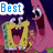 Pixelated cartoon characters Spongebob Squarepants and Patrick Star with text overlays in a