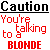 Pixelated text displays 'Caution' twice underlined, followed by red pixelated text reading 'You're talking to a BLONDE'.