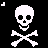 Six pixelated white skulls with crossbones on black background, each showing distinct facial expressions and small yellow accents near the head.