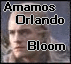 A four- displays a person with long light hair against a blue background, overlaid with text reading "Amamos Orlando Bloom" in pixelated font