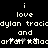 Pixelated text on black background with repeated phrases and partial symbols, showing static display of 'i love dylan traciodylan tracio and' followed by fragmented characters.