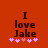 Red background with dark brown text reading "I love Jake" and five pink hearts below, showing heart animation changes