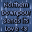 Pixelated text and image with blue, maroon, and gray backgrounds displaying 'Northern Downpour Sends Its Love <3' and 'Panic At the Disco!' alongside a framed abstract artwork