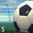 Animated soccer ball icon with text 'soccer' forming across frames, showing sequential letter addition on a grassy field background.