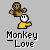 Pixelated character with brown body and yellow limbs stands above white circular head on yellow base, text below reads 'Monkey_Love' in blocky font.