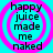 Four identical circular icons with cyan background and pink concentric rings, each containing black text reading 'happy juice made me naked' in a pixelated font.
