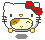 Pixel art of a white cat character with red bow, brown and beige face, closed eyes, and small paws holding an object.