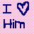 Pixelated icon with pink background showing 'I ❤️ Him' text, featuring red diagonal and X overlays on different sections.