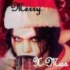 A static icon shows a person wearing a red and white Santa hat with a white fur trim, holding a dark object near their mouth, with stylized text above and below the head.
