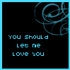 Blue pixelated text on black background with abstract blue swirls in top-right corner.