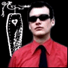 four and four shows a person in a red shirt and black tie against a black background with white coffin-shaped symbols, each containing different text