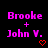 Pixelated text displays 'Brooke + John V.' in bright pink with a red heart symbol below, set against a black background.