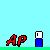 Red 'AP' text with blue-and-white cylindrical shapes on light blue background, showing sequential animation frames with varying hand positions and 'squeek' text labels.