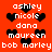 Red background with white text names and black heart symbols arranged in a pattern