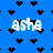 Blue background with black heart shapes and white text 'asha' in pixelated font, partially obscured by hearts.