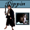 Animated sequence of a character in dark robes holding a sword, with changing background portraits and repeated 'Pippin' text above.