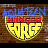 Pixelated static icon featuring a shield-shaped logo with layered text in blue, red, and yellow sections against a brown background.