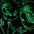 Green glowing skulls with hollow eye sockets and grinning mouths arranged in a repeating pattern on dark background.
