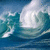 Animated sequence of a large ocean wave curling and cresting, transitioning from blue-green water to white foam against a clear sky.