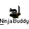 Pixel art ninja character with sword in two variations on gray background, part of a contact sheet showing multiple frames.