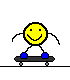 Yellow smiley face with blue feet and black outline on a skateboard, performing motion changes across frames.