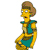 Pixelated character with yellow skin, brown hair, and teal sleeveless top holding a dark object against white background.