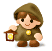 Pixel art character in brown hooded outfit holding glowing lantern, standing on white base with slight pose variation between frames.