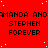 Red background with white dots, repeated text "AMANDA AND STEPHEN FOREVER" in black pixelated font across three