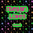 Pixelated text elements on a dark background with scattered colored squares, featuring green and purple lettering in distinct blocks.