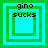 Four green and cyan square frames with 'gino sucks' text, each frame contains nested squares of varying sizes.
