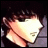 Pixelated anime-style character with brown hair and closed eyes, positioned left of stylized text on black background.