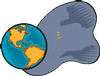 Animated sequence showing a globe and computer icons on a blue cloud-shaped background with changing positions and a sunburst effect.