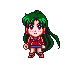 Pixel art character with green hair in red top and brown boots, transitioning through black silhouette, purple orb, and blue ice effects.