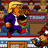 Pixel art depiction of a character with blonde hair in purple suit and red tie, standing before a podium labeled TRUMP with onlookers behind.