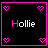 nine square icons with black backgrounds, pink borders, and heart symbols at corners; each displays 'Hollie' text with varying letter coloration across frames