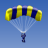 Pixelated parachute with yellow and dark blue sections against a solid light blue background, rendered in low-resolution style.
