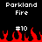 Pixelated graphic with black background, red flame shapes at bottom, and white text reading "Parkland Fire" and "#10" in two identical sections.