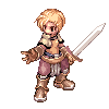 Pixel art character with blonde hair, brown eyes, and a neutral expression holding a silver sword, wearing brown armor and purple pants.