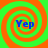 Four identical spiral patterns with alternating green and orange rings, each containing blue text reading Yep in the center.